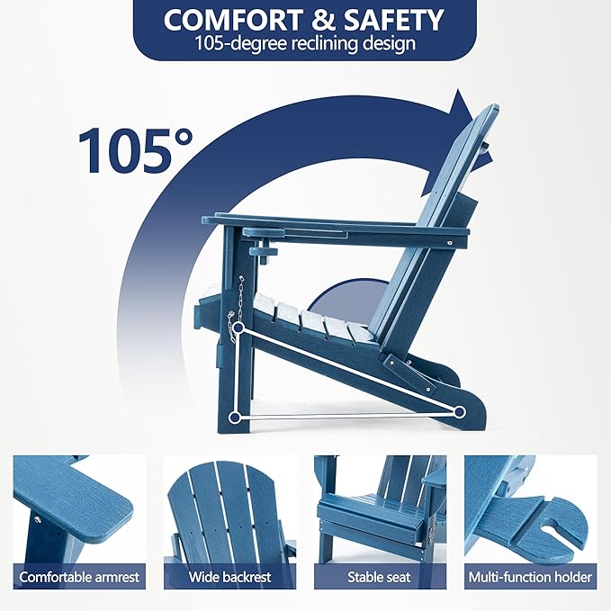 Folding Adirondack Chair, HDPE Outdoor Texture Lawn Chair with Reclining Back, Cup and Phone Holder - Comfortable Firepit Chair Weather Resistant for Patio or Backyard (Blue, Set of 1)