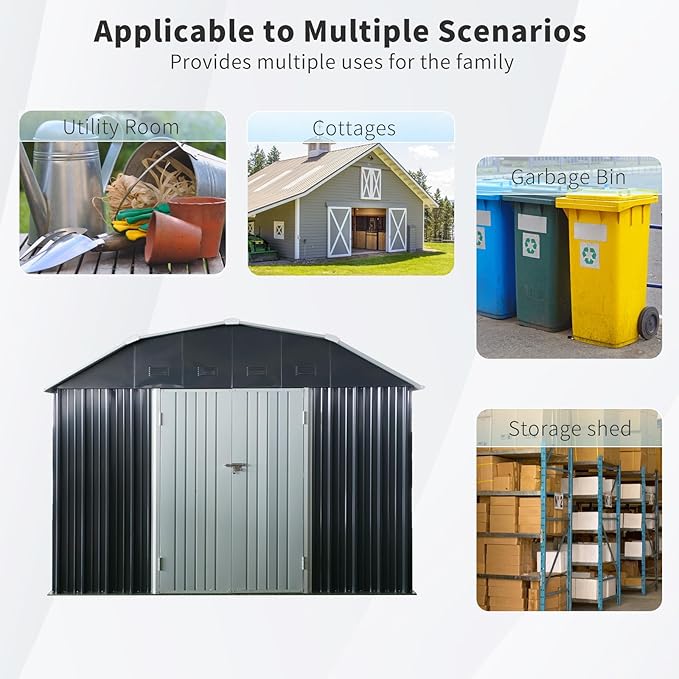 Ball & Cast 10x12FT Outdoor Storage Shed,Large Metal Tool Sheds with Locking Double Doors,Garden Tool House W/Arch Roof & Ventilation Slots,for Backyard Garden Patio Lawn,Black