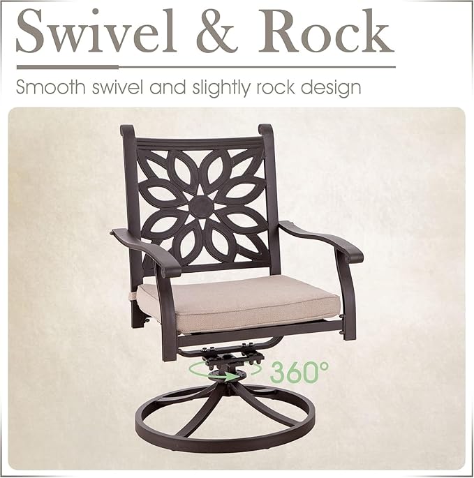 MFSTUDIO 7 Pieces Cast Aluminum Patio Dining Set, Retro Design Outdoor Table and Chairs Set with 6×Swivel & Rock Chair and 1×63" Rectangular Outdoor Dining Table