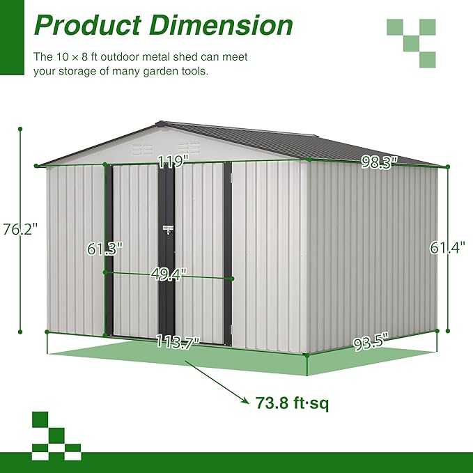 10X8 FT Outdoor Storage Shed, All Weather Metal Sheds with Lockable Doors, Tool Shed for Garden, Patio, Backyard, Lawn, White