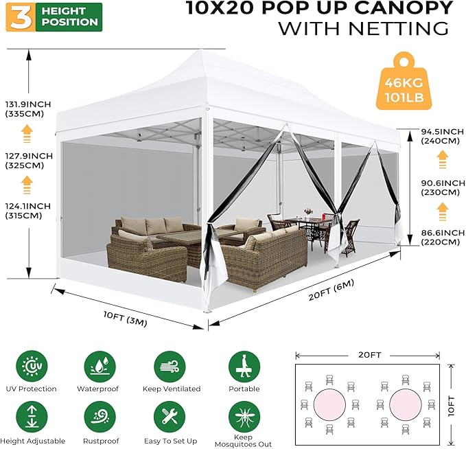 COBIZI 10x20 Heavy Duty Pop Up Canopy Tent with 6 Sidewalls, Commercial Gazebo Party Tent with Mosquito Netting Wall Easy Set Up Outdoor Instant Screen Tent for Backyard, Patio, Garden, White