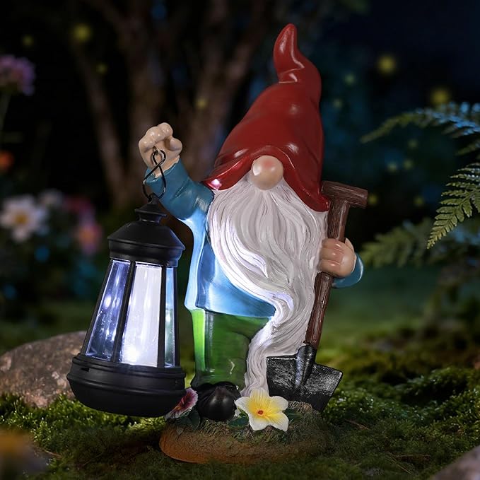 Garden Gnome Outdoor Decoration with Shovel Solar Gnomes Statue with Lantern LED Lights,Terrace Courtyard Lawn Patio Porch Decoration Mother's Day Christmas Housewarming Gift for Mom Women