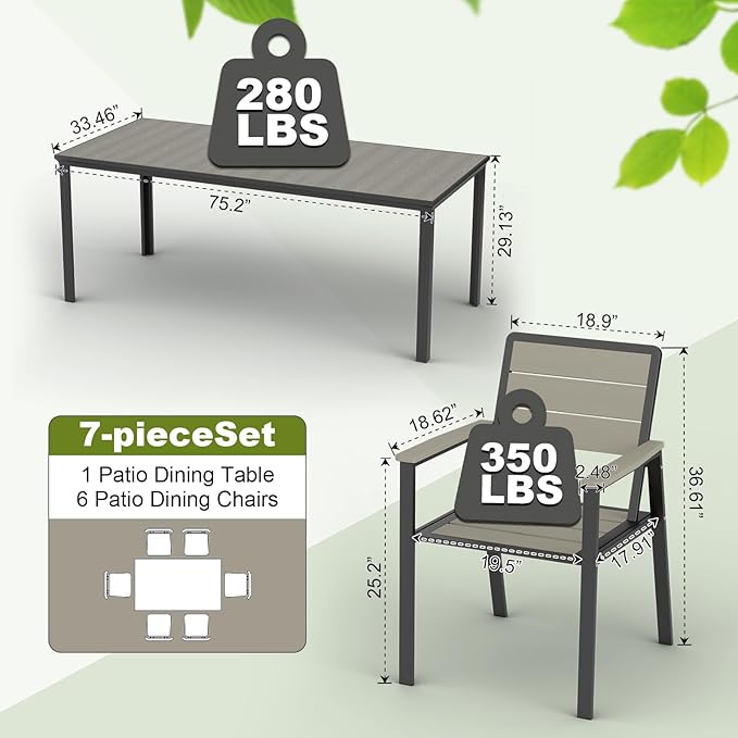 7-Piece Patio Dining Set with 11 FT Curvy Cantilever Umbrella, HDPE Tabletop & Aluminum Frame All-Weather Outdoor Furniture for Garden, Backyard, Poolside, Gray