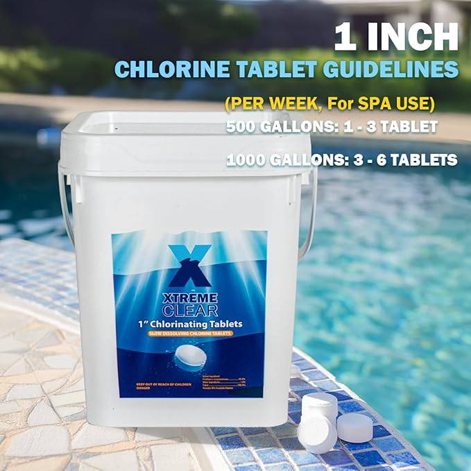 XtremeClear 1" Chlorine Tabs Swimming Pool Hot Tub & Spa Eliminate Bacteria & Algae Sanitizer Makes Water Clean & Crystal Clear Slow Dissolving 5lbs