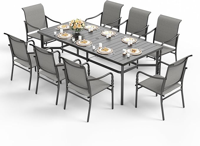 HERA'S HOUSE Outdoor Dining Sets for 8, 9 Pieces Patio Table and Chairs Set, 83” Rectangle Metal Table with Textilene Chairs for Backyard Garden Lawn