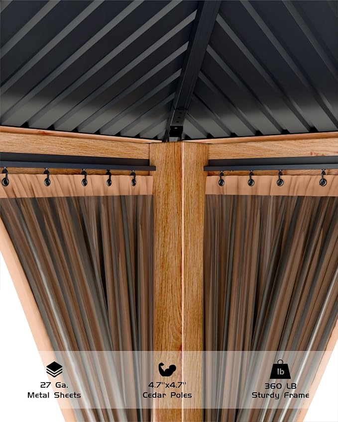 GAOMON Hardtop Spruce Wood Gazebo 12'x12', with Double Roof of Metal Sheets, 4.7'' Heavy Duty Poles, Gray Net, and Curtain, Permanent Building for Patio, Deck, Backyard, Lawn, and Garden, Khaki