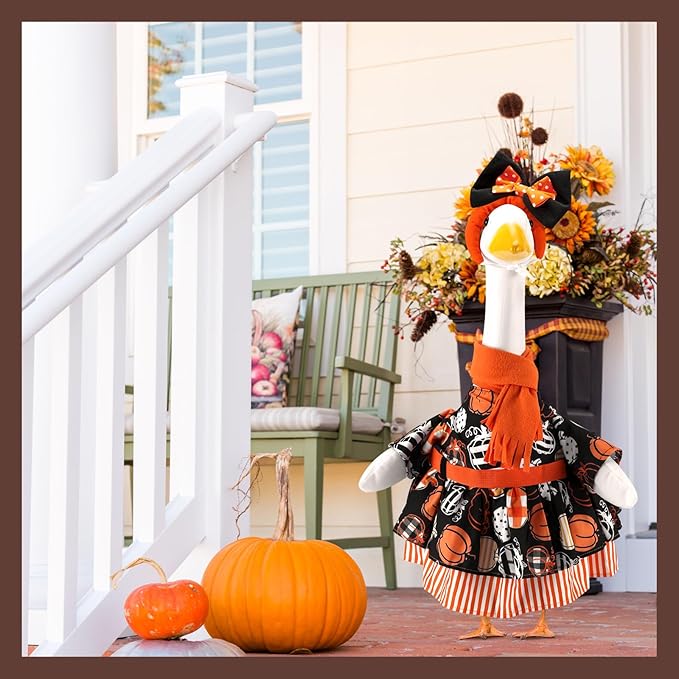 Thanksgiving Gingham Pumpkins Porch Goose Outfits for 23 Inch Lawn Statue, Fall Costume for Plastic/Cement Statue, Harvest Autumn Duck Sculpture Clothes for Yard Patio Party Decoration