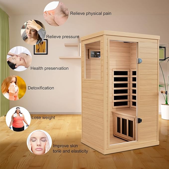 1 Person Infrared Sauna, Infrared Sauna Indoor,Home Sauna Low EMF Infrared Saunas, 1050Watt, Canadian Hemlock, Smart Display, 2 Bluetooth Speakers, Eye-Protection Reading Lamp