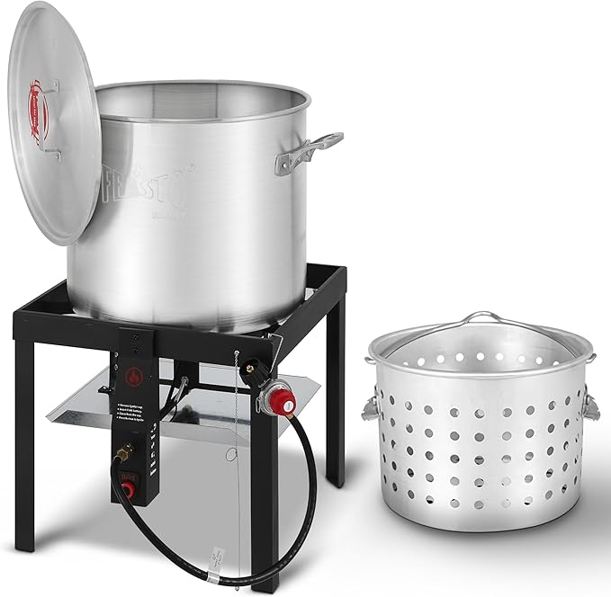 60 QT Aluminum Seafood Boil Pot with Basket and Burner, 100,000 BTU Propane Boiler with 10 PSI Regulator, Outdoor Fryer Kit for Seafood Boiling, CSA Certified