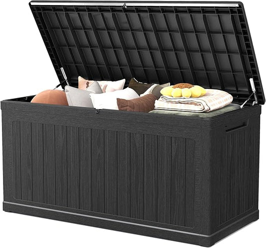 260 Gallon Deck Box Extra Large, Outdoor Storage Box Lockable, Patio Storage Box Waterproof and UV Resistant, 440lbs Load Capacity for Garden, Patio, Pool (Black)