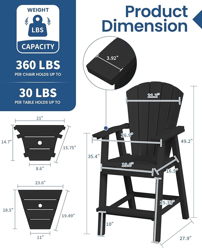 Ciokea Tall Adirondack Chairs Set of 4, HDPE Outdoor Adirondack Bar Stools with Double Connecting Tray, Weather Resistant High Back Adirondack Balcony Chairs for Deck, Lawn, Pool, Backyard, Black