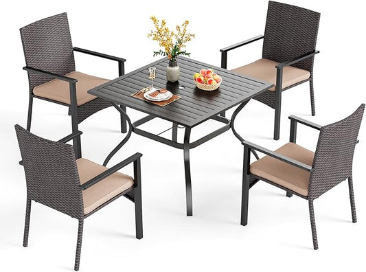 PHI VILLA 5 Piece Outdoor Dining Set for 4, 37" Square Metal Dining Table & 4 Cushioned Rattan Wicker Chairs for Patio, Deck, Yard, Porch