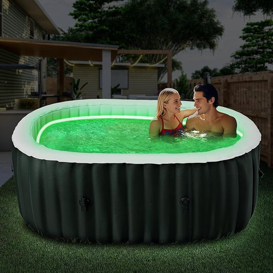 2 Person Inflatable Hot Tub with LED Lights, Oval Blow Up Portable Hot Tub, Leak-Proof PVC Outdoor Spa with 100 Strong Air Jets, Pump and Insulated Cover, Side Table, 75” X 47”X 25”
