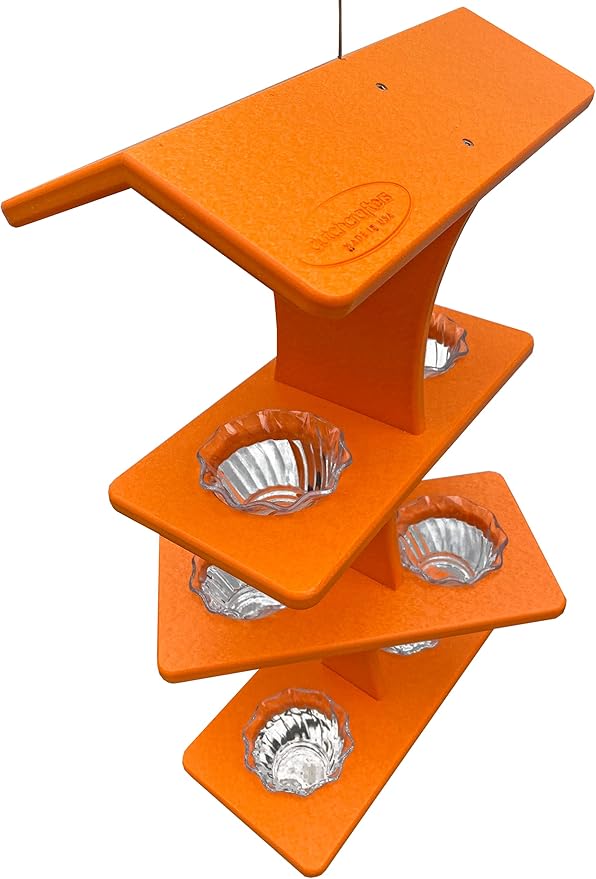DutchCrafters Plastic Poly Double Platform Hanging Oriole Bird Feeder with Fruit Slice Holders & Nectar Cups, Jelly Bird Feeders for Outside - Amish Made in USA (Triple, Bright Orange)