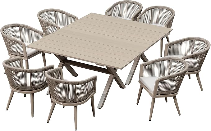 PURPLE LEAF Outdoor Dining Set for 8 All-Weather 10 Pieces Patio Aluminium Dining Oversized Table and Rope Weave Chairs Included Cushions for Backyard Indoor Kitchen Patio Furniture Set Champagne