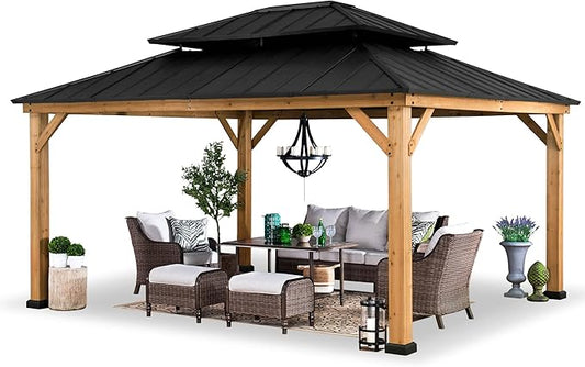 SUNJOY 13 x 15 ft. Wood Gazebo Cedar Framed Gazebos with Black Double Steel Hardtop Roof for Garden,Backyard Shade, Matte Black Roof + Natural Wood Frame