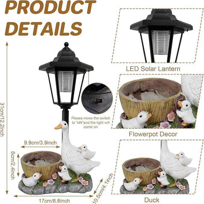 Garden Duck Statues with Solar Lantern Flowerpot Outdoor Decoration, Duck Figurines Yard Art Sculptures for Patio Lawn Backyard Porch Ornaments Unique Housewarming Birthday Gifts for Women Mom