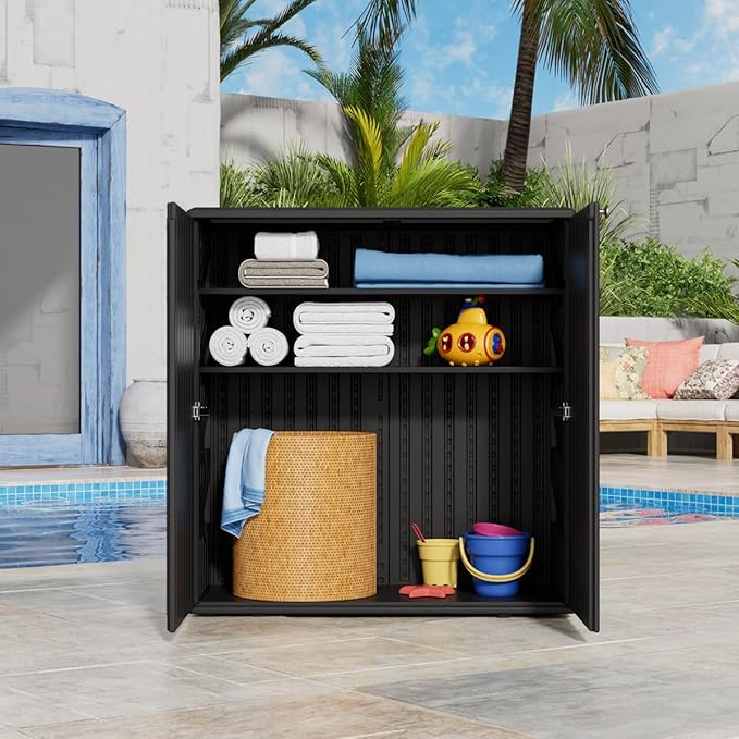 KINYING Outdoor Storage Cabinet Waterproof, Resin 60 Gallon Deck Box for Patio Furniture Cushions, Garden Tools, Pool Tools and Kids’ Toys (Black with 1 Shelving)