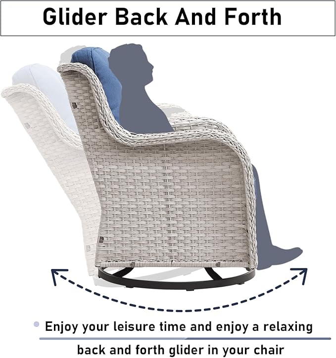 Patio Chairs Set, 5 PCS Furniture with Loveseat, Swivel Rocker Patio Chairs and 2 Wicker Ottoman, Light Grey / Blue, Casual/Tropical Style