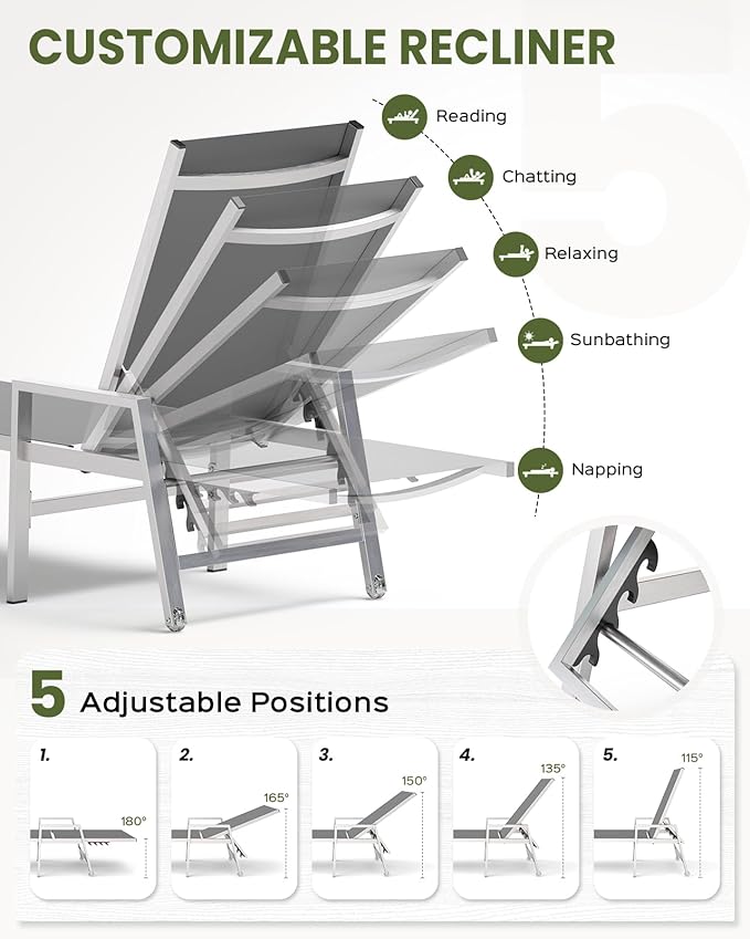 Patio Chaise Lounge Chair Outdoor with Wheels&Armrests, Aluminum Pool Lounge Chairs Set of 2 Five-Position Adjustable Recliner, Outdoor Beach Lounge Chairs for Poolside, Patio, Deck, Yard, Dark Gray
