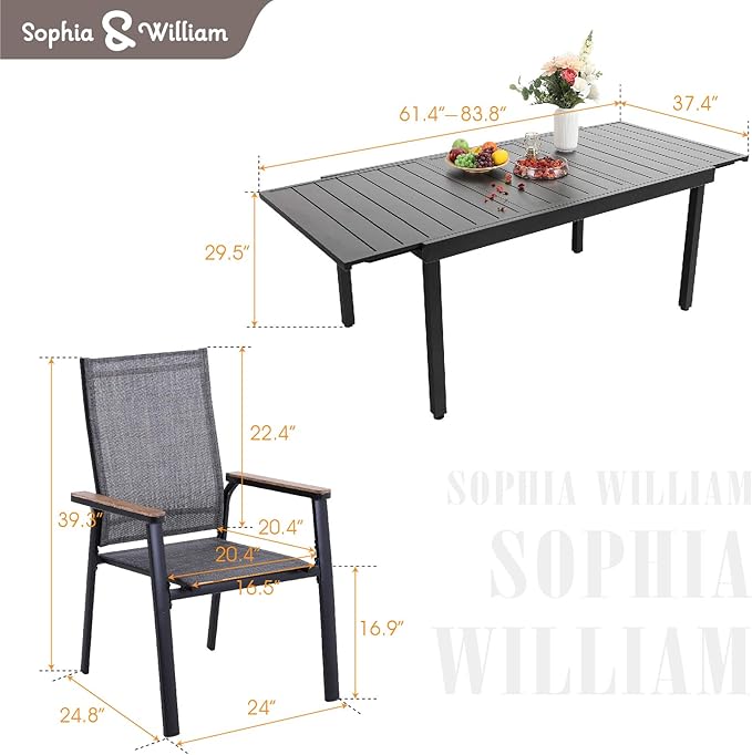 Sophia & William Patio Dining Set 9 Pieces, 8 Aluminium Patio Dining Chairs with 1 Extendable Dining Table for 6-8 Person, Patio Table and Chairs for Outdoor Lawn (Grey)