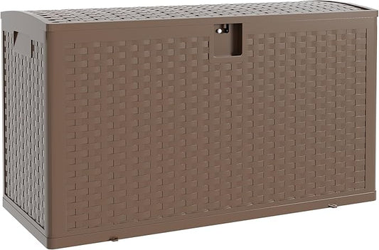99 gal Brown Resin Deck Box, Outdoor Storage Box Waterproof Lockable, Patio Deck Box For Package Delivery, Outside Storage Box Container for Furniture Cushions, Garden Tools, Pool Accessories