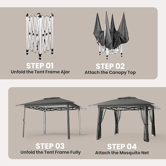 Bealife 13x13 Pop Up Gazebo Tent with Mosquito Netting, Outoor Canopy Tent with 4 Sandbags, 8 Stakes, 4 Ropes, Roller Bag, Pop Up Canopy for Lawn Backyard Garden Deck (Grey, 13x13)