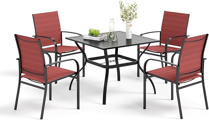 5 Pieces Patio Table and Chairs Set, 4 Person Outdoor Dining Furniture Set, 4 Red Textilene Chairs and 37" Square Metal Table with Umbrella Hole, for Deck Backyard Lawn