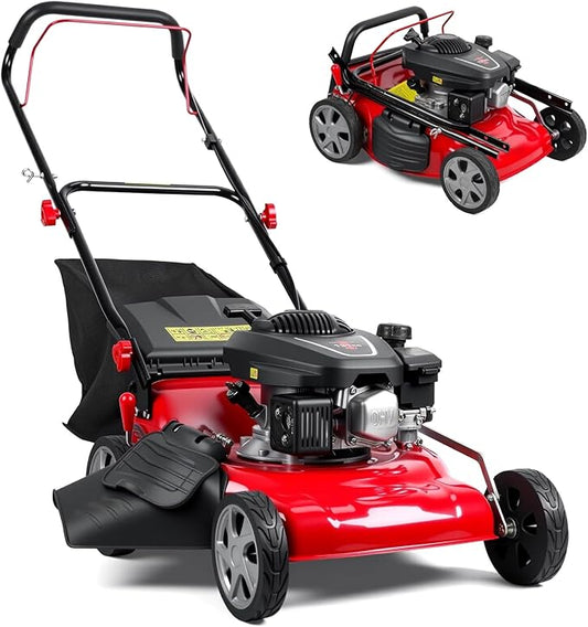 3 in 1 Self-Propelled Lawn Mower, 18 Inch 131cc Gas Powered Walk Behind Mower with Mulch/Side Discharge/Rear Bag, Rear Wheel Drive for Yard & Garden Red