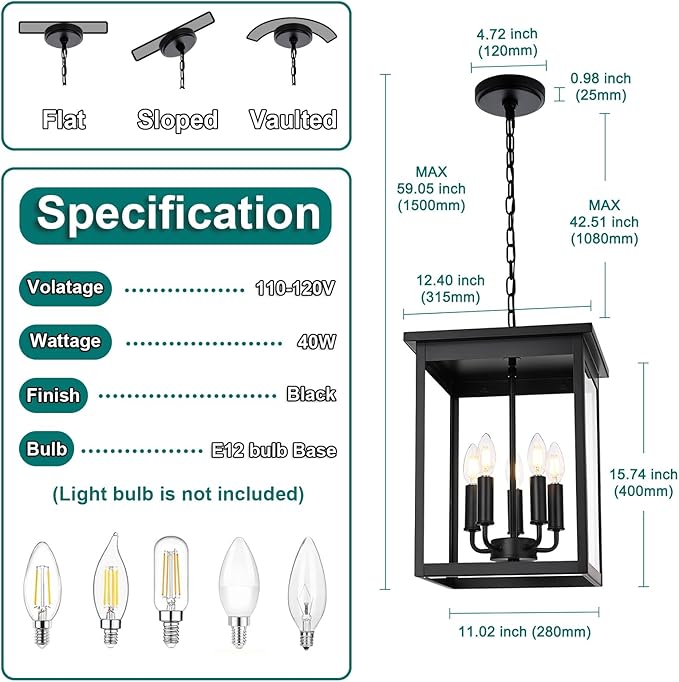 5 Lights Outdoor Pendant Light, Black Outside Chandelier, Exterior Hanging Fixture, Ceiling Mount with Clear Glass Shade Hanging Lantern Light Adjustable Pendant Light for Outdoor Hallway