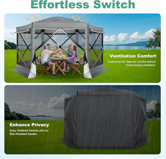 COBIZI 12x12 pop up Gazebo on Clearance Screen Tent for Camping, Scalable Sesign Outdoor Canopy Tent with Extension Support Poles & sidewalls,with Portable Carrying Bag and Ground Stakes,Gray