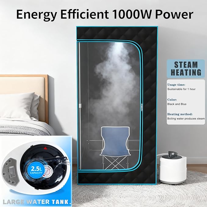 Sauna,Portable Steam Sauna,Fold-able Wet Sauna Tent Set with 2.5L 1500W Steamer,Full Size Home Sauna,with Folding Chair,Remote Control,Blue Sauna for Gym,Pilates,Garage,Hot Tub