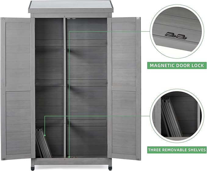 68''x33''x20'' Outdoor Wooden Storage Shed with Metal Top Tall Vertical Tool Cabinet for Backyard Garden Patio Lawn (Grey)