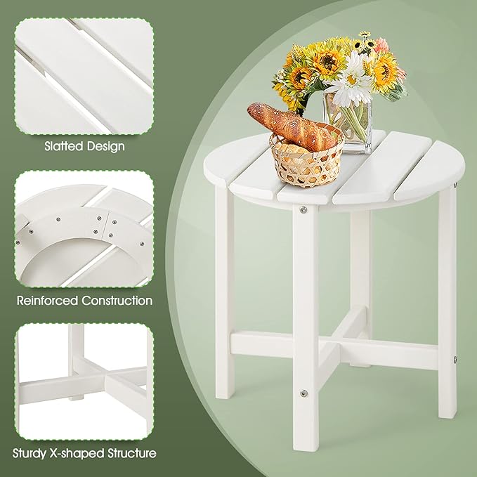 Tangkula Round Outdoor Side Table, 18 Inch Weather Resistant HDPE Adirondack Table, Outdoor Indoor Chairside End Tables, Patio Side Table for Lawn Garden Balcony Backyard, Easy Assembly (2, White)