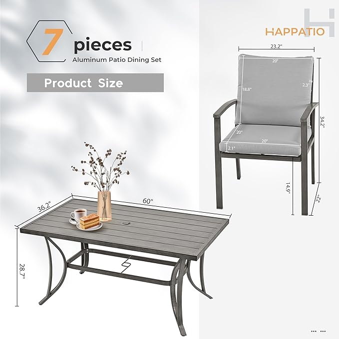 HAPPATIO 7-Piece Outdoor Dining Set - All Aluminum Patio Table and Chairs Set for 6 Includes 1 Rectangular Dining Table and 6 Dining Chairs with Cushions, Patio Dining Set for Lawn, Garden, Backyard