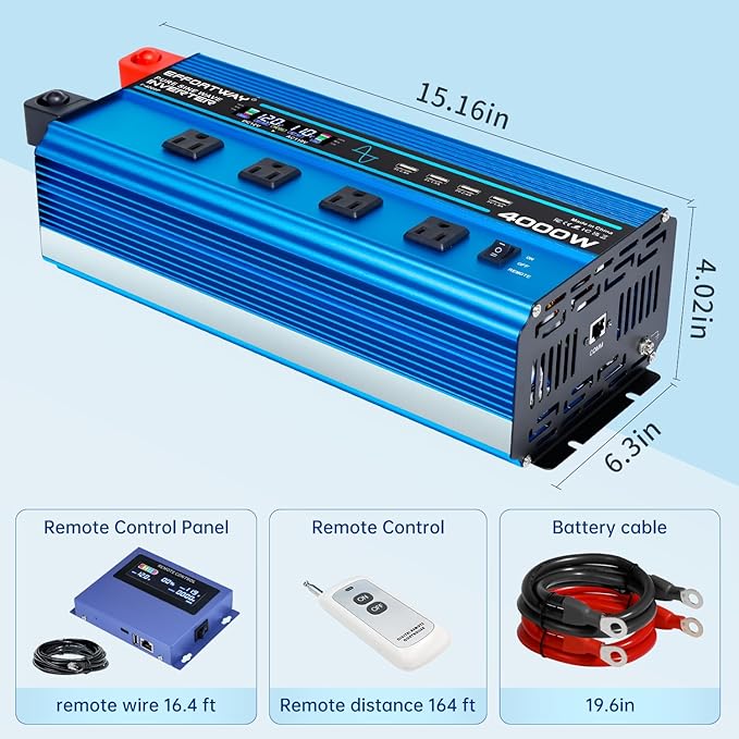 4000w Pure sine Wave Inverter DC 12V to AC 110V/120V Converter, 8000w (Peak) with LCD Display, Wireless/Wired Remote Control, 4AC outlets and 4USB.Ideal for Camping, RV Travel, Off-Grid Solar Systems