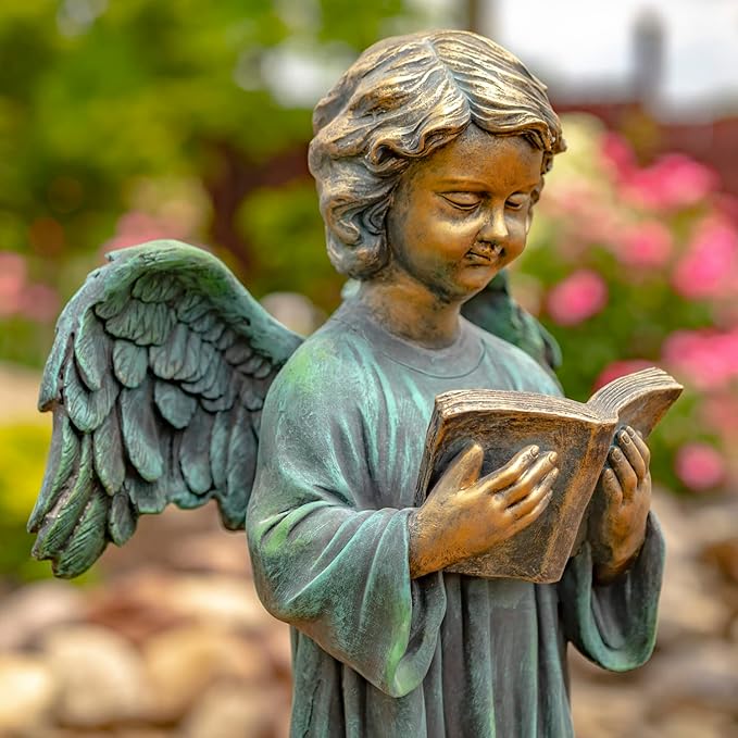 Zaer Ltd. 39" Tall Magnesium Angel Statue Figurines for Outdoor and Indoor Use (Reading a Book Symone, Aged Bronze)