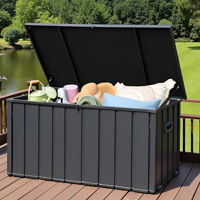 LANTRO JS 100 Gallon Metal Deck Box, Outdoor Storage Box Waterproof with Wheels, Lockable Storage Container for Patio Furniture Cushions Garden Tools, Dark Gray