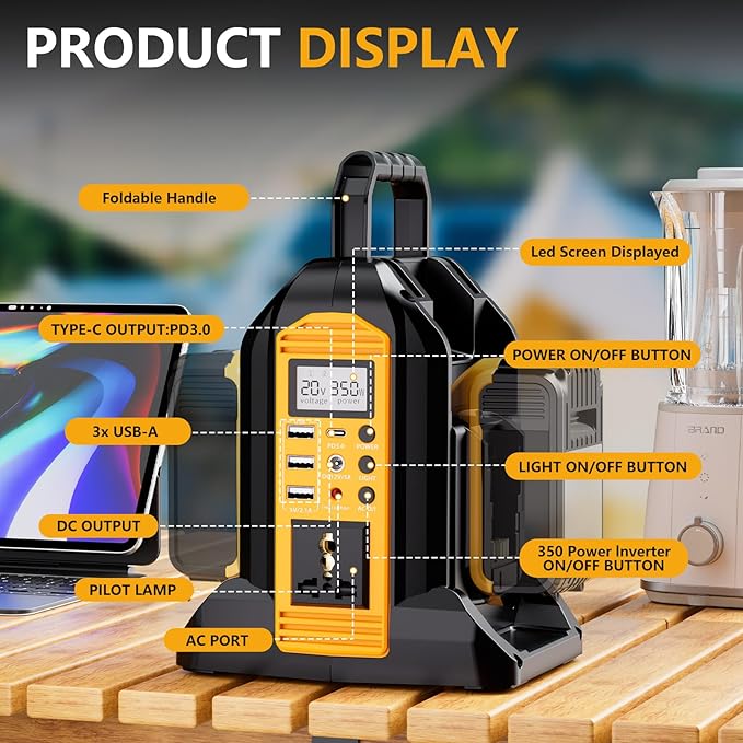 350W Power Inverter for Dewalt 20V 60V Battery, 2-Port Battery Converts 20V DC to 120V AC Inverter with LED Light, 3 USB-A, 1 USB-C, DC and AC Outlet, Portable Power Station for Outdoor Use(Tool Only)