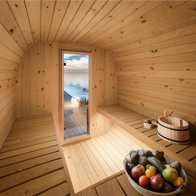 ZONEMEL Customize Outdoor Steam Square Sauna for 4-8 Person, Canadian Pine/Hemlock/Cedar, Porch Option, Window Selection, Wood Burning Stove (0-195 °F)