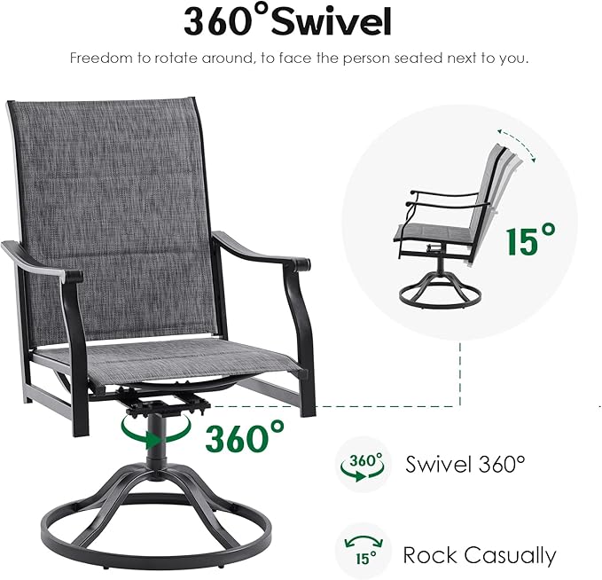 Swivel Patio Chairs Set of 8, Outdoor Patio Dining Chairs with Padded Textilene, Swivel & Rocker Metal Outdoor Dining Chairs All-Weather for Backyard, Grey Fabric with Black Frame