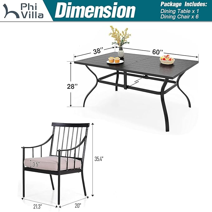PHI VILLA 7 Piece Outdoor Dining Set with Cushion, 60” Rectangular Metal Dining Table with Umbrella Hole & 6 Cushioned Iron Chairs for Patio, Deck, Yard