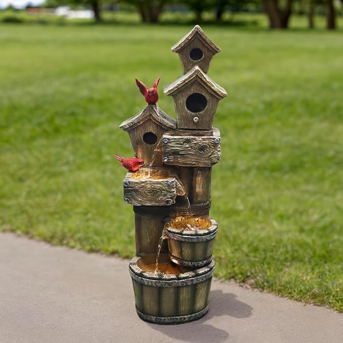 35" Tall Outdoor 4-Tier Birdhouse Floor Standing Water Fountain with LED Lights for Garden, Patio, Yard, Porch Art Home Decor (Bird)