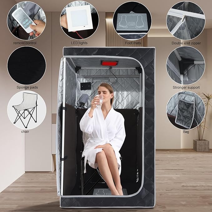 ZONEMEL 1 Person Portable Full Spectrum Infrared Sauna, Full Size Tent with Remote Control,1300W Fast Heating, Foldable Chair & LED Therapy Light, Home Spa for Relaxation (L35.4 x W35.4 x H55.1)