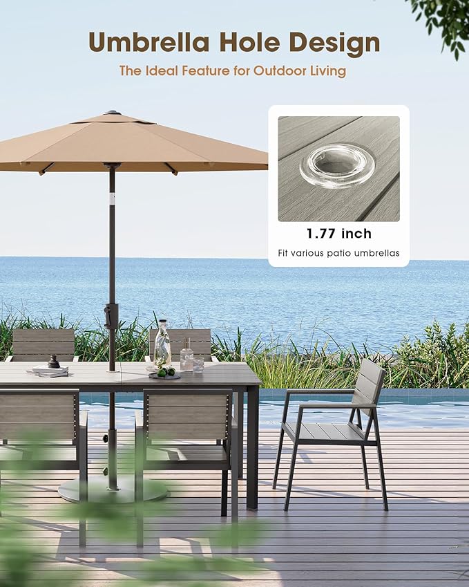 Patio Outdoor Dining Set for 6, Aluminum 7 Piece HDPE Patio Table and Chairs Set with Umbrella Hole, Modren Rectangular Patio Furniture Set with All-Weather Table and 6 Chairs (Classic Gray)