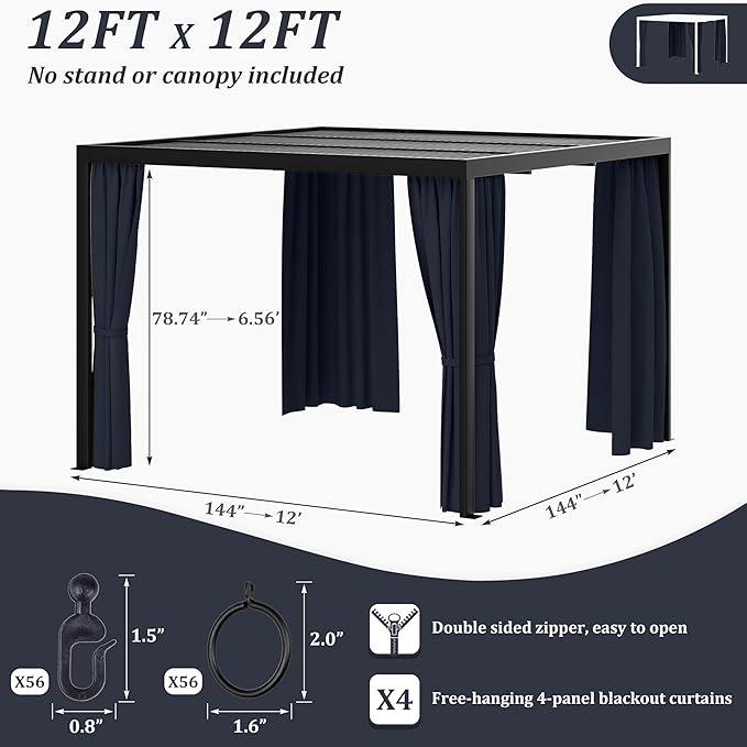 Gazebo Universal Replacement Privacy Curtain,12'×12' Gazebo Outdoor Waterproof Curtains, 4-Panels Sidewall Curtains with Double Zipper for Patio Canopy, Garden and Backyard (Curtain Only)