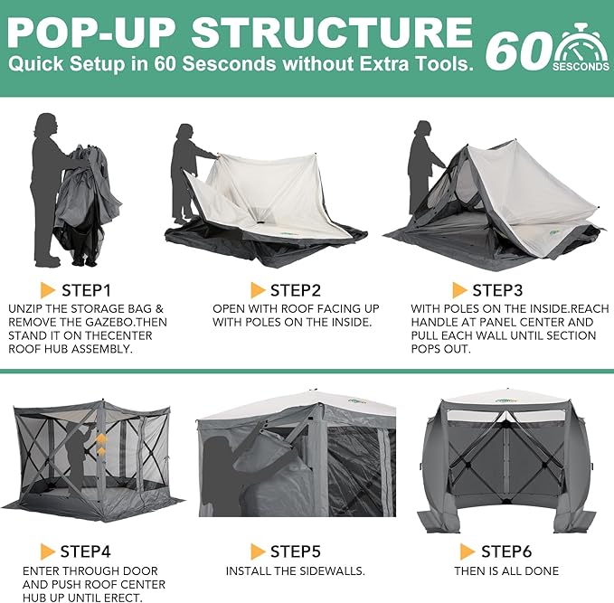 COBIZI 10x10ft Pop up Gazebo Screen House Tent for Camping, Pop-up Camping Canopy with Sidewalls,Portable Outdoor Quick-Set Hub Tent with Carrying Bag&Ground Stakes,Gray(Upgraded 2.0)