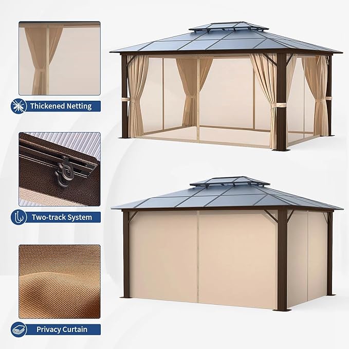 Hardtop Gazebo, 10FTx12FT Polycarbonate Double Top Canopy, Aluminum Frame Permanent Pavilion with Curtains and Netting, for Lawns, Patios, Gardens