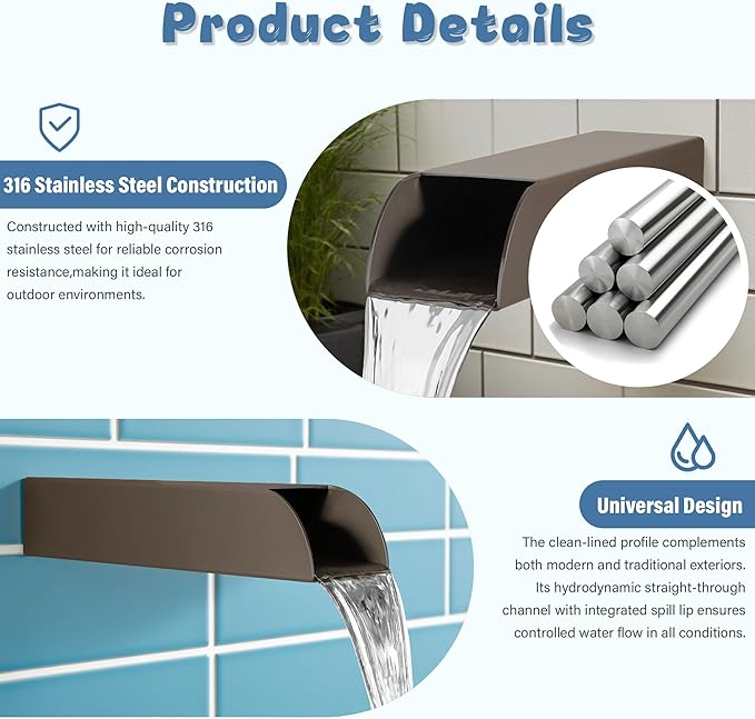 4x3 Inch Stainless Steel 316 Waterfall Spout for Pools Ponds Water Walls - Outdoor Fountain Spillway with Straight Flow Design & Built-in Lip (Brown)