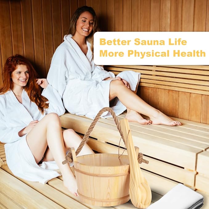6L-1.6Gal Pine Wood Sauna Bucket and Ladle Set, Complete Handmade Wooden, 14.5″ Sauna Ladle,Premium Pine Sauna Accessories Kit for Steam Sauna, Natural Wooden Bucket for Sauna